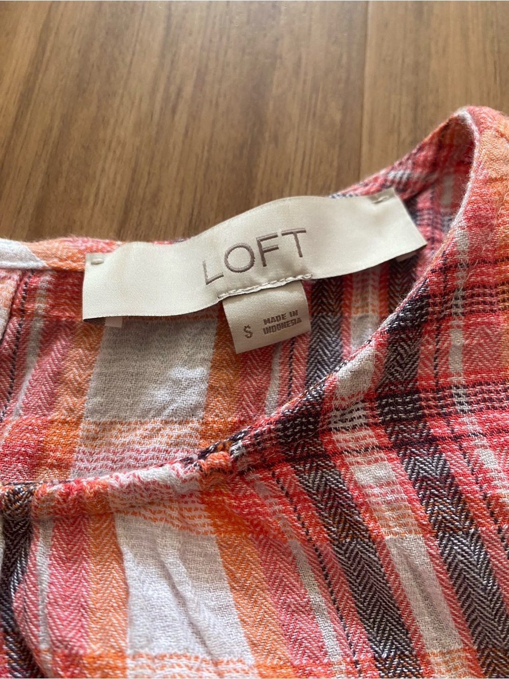 LOFT Pink and Orange Plaid Short-Sleeve Blouse - Picture 3 of 6